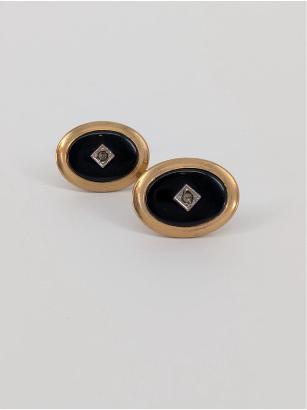 Vintage Anson Pat Pend MCM Gold Tone Black Oval Rhinestone Cufflinks Formalwear